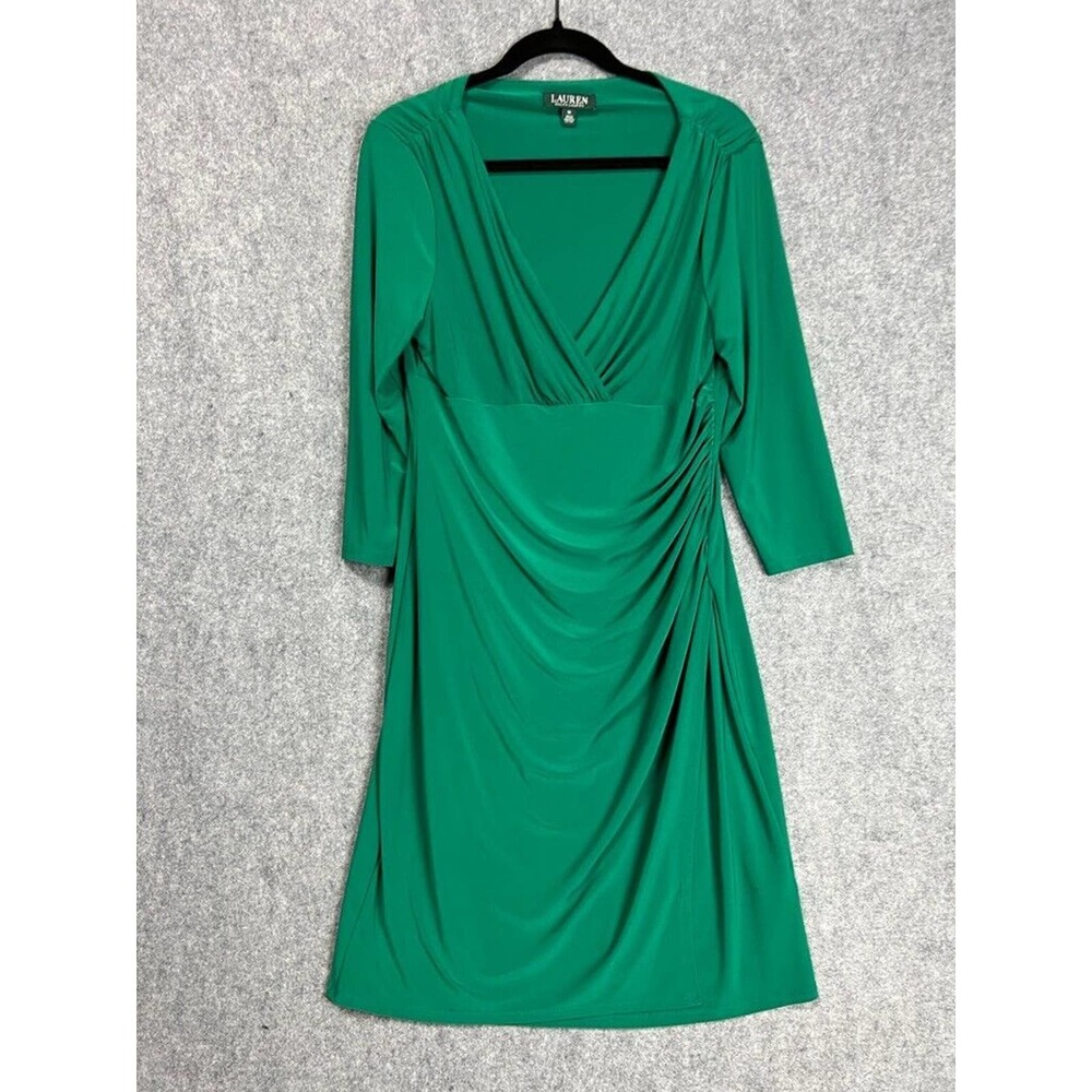 Lauren Ralph Lauren Dress Women 14 Green Quarter Sleeve Faux Wrap V Neck Stretch